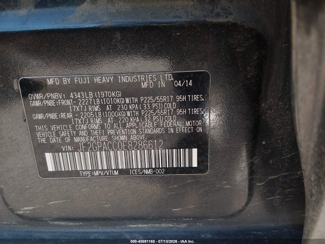 45591168 :رقم المزاد ، JF2GPACC0E8286612 vin ، 2014 Subaru Xv Crosstrek 2.0i Premium مزاد بيع