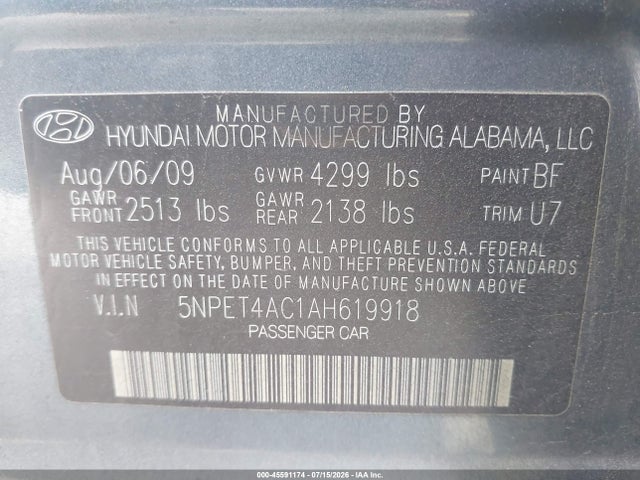 2010 Hyundai Sonata Gls მანქანა იყიდება აუქციონზე, vin: 5NPET4AC1AH619918, აუქციონის ნომერი: 45591174