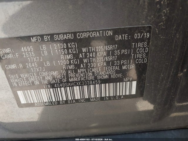 45591183 :رقم المزاد ، 4S4BSAHCXK3338459 vin ، 2019 Subaru Outback 2.5i Premium مزاد بيع