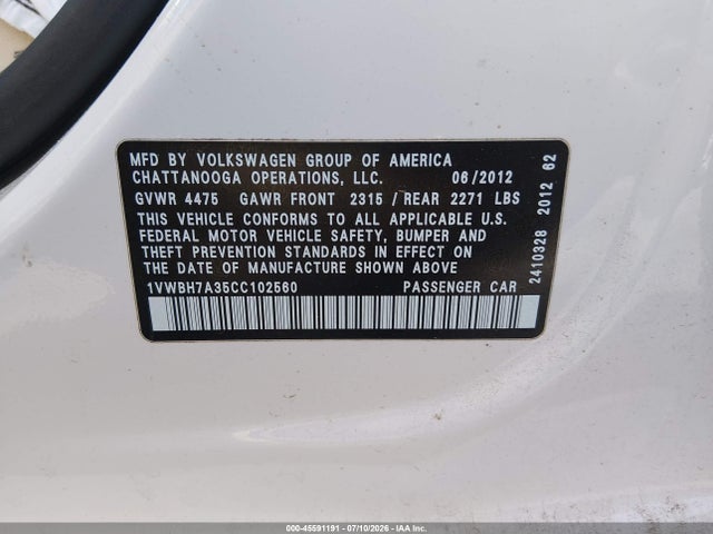 Aukcja sprzedaży 2012 Volkswagen Passat 2.5l Se, vin: 1VWBH7A35CC102560, numer aukcji: 45591191