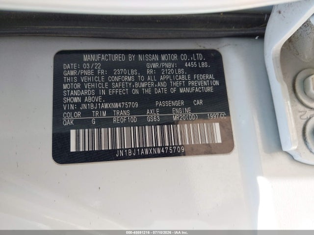 Продаж на аукціоні авто 2022 Nissan Rogue Sport S Awd Xtronic Cvt, vin: JN1BJ1AWXNW475709, номер лоту: 45591216