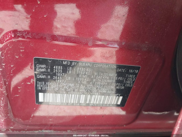 45591247 :رقم المزاد ، 4S4BSANC7K3247881 vin ، 2019 Subaru Outback 2.5i Limited مزاد بيع