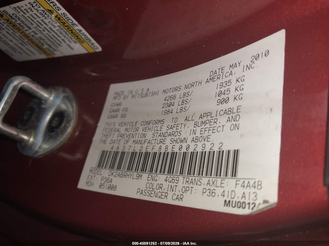2011 Mitsubishi Eclipse Gs Sport მანქანა იყიდება აუქციონზე, vin: 4A37L2EF8BE002922, აუქციონის ნომერი: 45591252
