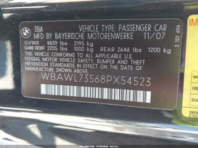 Продажа на аукционе авто 2008 Bmw 335i, vin: WBAWL73568PX54523, номер лота: 45591256