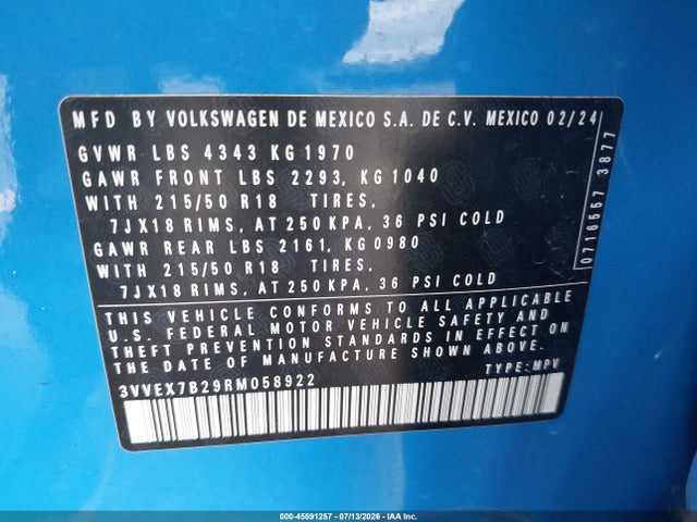2024 Volkswagen Taos 1.5t Se მანქანა იყიდება აუქციონზე, vin: 3VVEX7B29RM058922, აუქციონის ნომერი: 45591257
