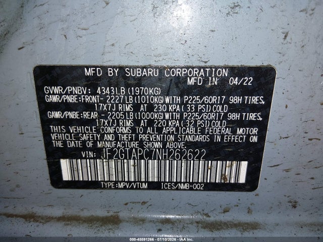 Auction sale of the 2022 Subaru Crosstrek Premium, vin: JF2GTAPC7NH262622, lot number: 45591266