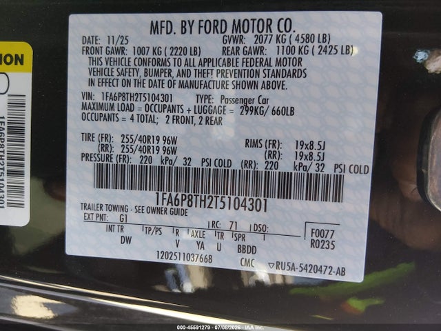 1FA6P8TH2T5104301 Ford Mustang Ecoboost Fastback
