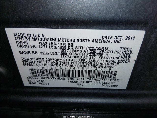 4A4AP4AU4FE014559 Mitsubishi Outlander Sport Se