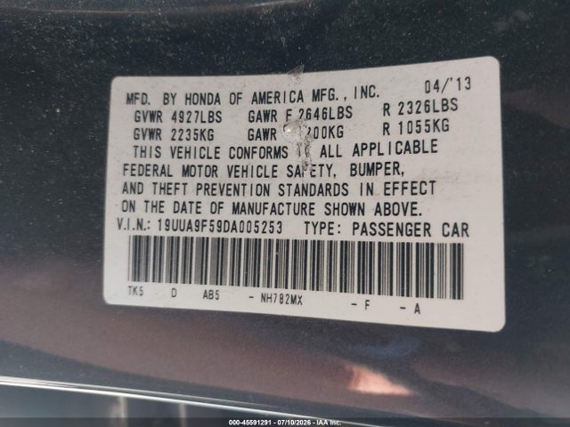45591291 :رقم المزاد ، 19UUA9F59DA005253 vin ، 2013 Acura Tl 3.7 مزاد بيع