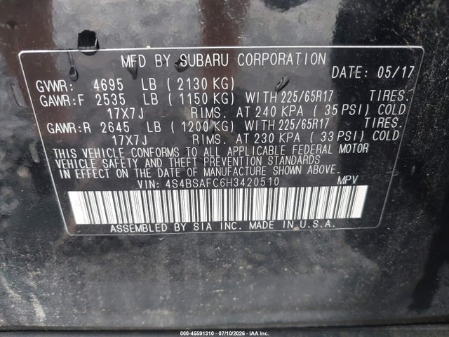 45591310 :رقم المزاد ، 4S4BSAFC6H3420510 vin ، 2017 Subaru Outback 2.5i Premium مزاد بيع