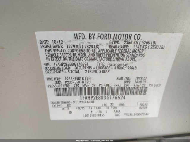 Продажа на аукционе авто 2013 Ford Taurus Sel, vin: 1FAHP2E80DG176624, номер лота: 45591327
