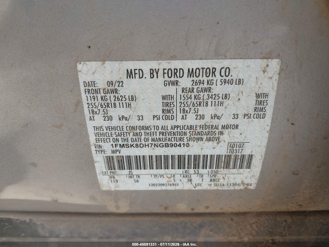 1FMSK8DH7NGB90410 Ford EXPLORER XLT