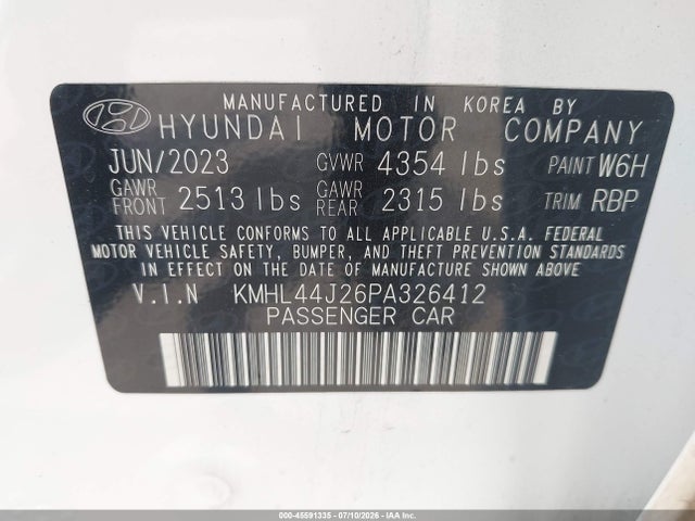 Auction sale of the 2023 Hyundai Sonata Sel Plus, vin: KMHL44J26PA326412, lot number: 45591335