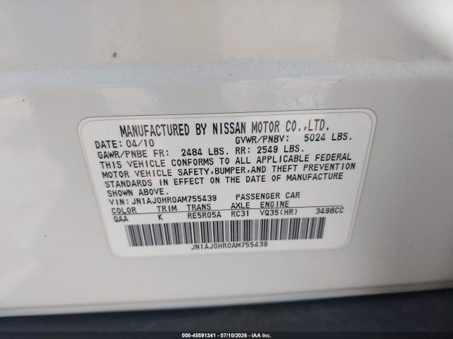 Продажа на аукционе авто 2010 Infiniti Ex35 Journey, vin: JN1AJ0HR0AM755439, номер лота: 45591341