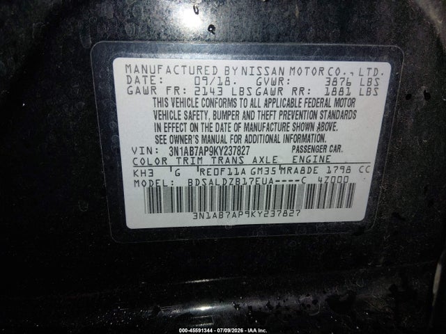 3N1AB7AP9KY237827 Nissan SENTRA SV