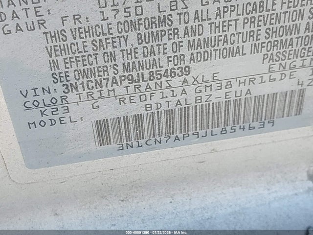 3N1CN7AP9JL854639 Nissan Versa 1.6 Sv