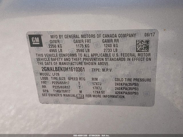 Aukcja sprzedaży 2017 Chevrolet Equinox Ls, vin: 2GNALBEK0H1610361, numer aukcji: 45591358