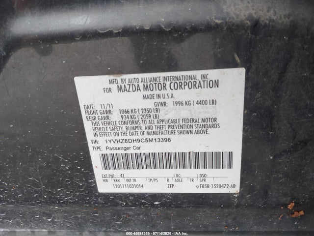 2012 Mazda Mazda6 I Touring მანქანა იყიდება აუქციონზე, vin: 1YVHZ8DH9C5M13396, აუქციონის ნომერი: 45591359