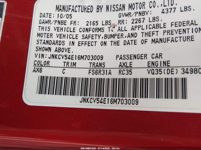 Продаж на аукціоні авто 2006 Infiniti G35, vin: JNKCV54E16M703009, номер лоту: 45591420