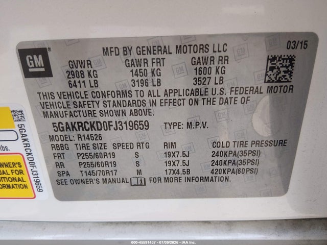 45591437 :رقم المزاد ، 5GAKRCKD0FJ319659 vin ، 2015 Buick Enclave Premium مزاد بيع