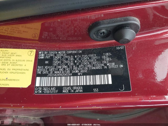 Aukcja sprzedaży 2008 Toyota Highlander Limited, vin: JTEES42A982040344, numer aukcji: 45591451