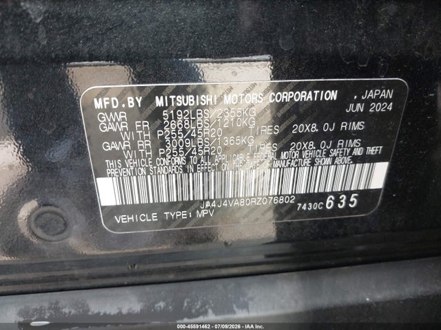 45591462 :رقم المزاد ، JA4J4VA80RZ076802 vin ، 2024 Mitsubishi Outlander Se 2.5 S-awc/se Black Edition S-awc/se Black Edition W/pano Roof S-awc/se Ralliart S-awc مزاد بيع