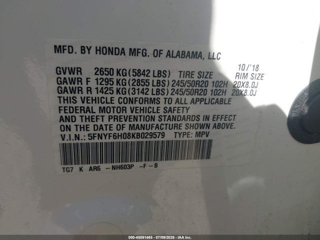 Продаж на аукціоні авто 2019 Honda Pilot Elite, vin: 5FNYF6H08KB029579, номер лоту: 45591465