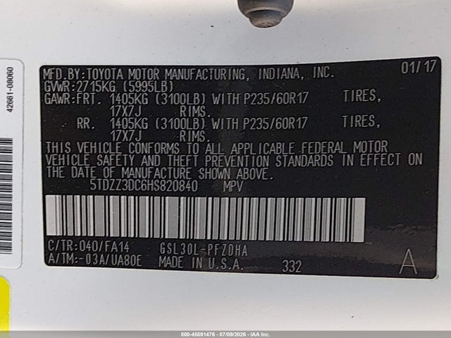 Продаж на аукціоні авто 2017 Toyota Sienna L 7 Passenger, vin: 5TDZZ3DC6HS820840, номер лоту: 45591476