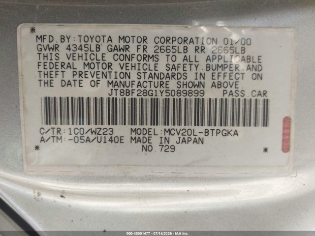 45591477 :رقم المزاد ، JT8BF28G1Y5089899 vin ، 2000 Lexus Es 300 مزاد بيع