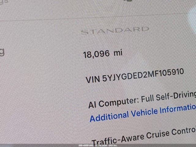 Продаж на аукціоні авто 2021 Tesla Model Y Standard Range Rear-wheel Drive, vin: 5YJYGDED2MF105910, номер лоту: 45591485