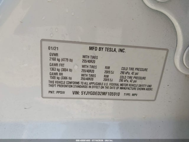 Продаж на аукціоні авто 2021 Tesla Model Y Standard Range Rear-wheel Drive, vin: 5YJYGDED2MF105910, номер лоту: 45591485