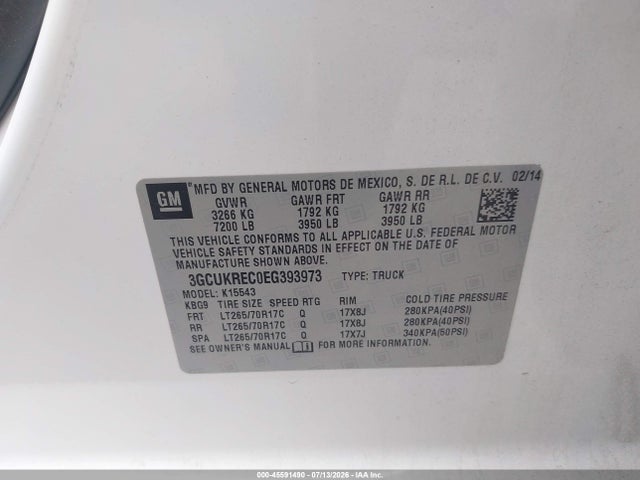 Продажа на аукционе авто 2014 Chevrolet Silverado 1500 Lt, vin: 3GCUKREC0EG393973, номер лота: 45591490