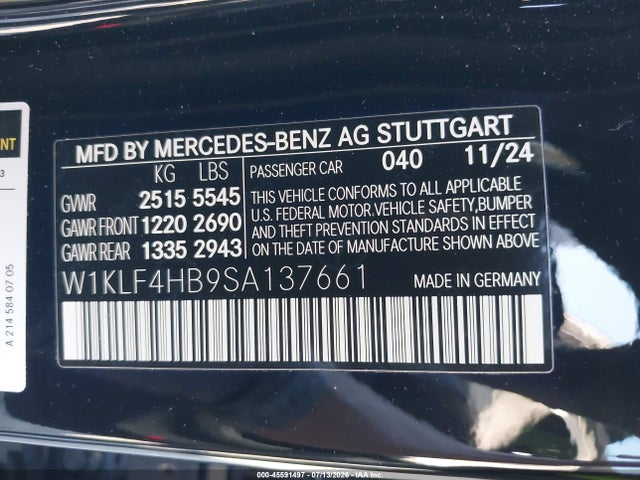 45591497 :رقم المزاد ، W1KLF4HB9SA137661 vin ، 2025 Mercedes-benz E 350 مزاد بيع