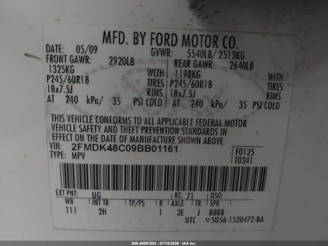 45591502 :رقم المزاد ، 2FMDK48C09BB01161 vin ، 2009 Ford Edge Sel مزاد بيع