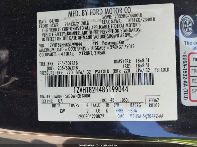 Продаж на аукціоні авто 2008 Ford Mustang Gt Deluxe/gt Premium, vin: 1ZVHT82H485199044, номер лоту: 45591503