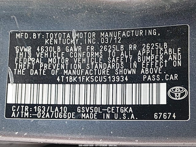 2012 Toyota Camry Xle V6 მანქანა იყიდება აუქციონზე, vin: 4T1BK1FK5CU513934, აუქციონის ნომერი: 45591509