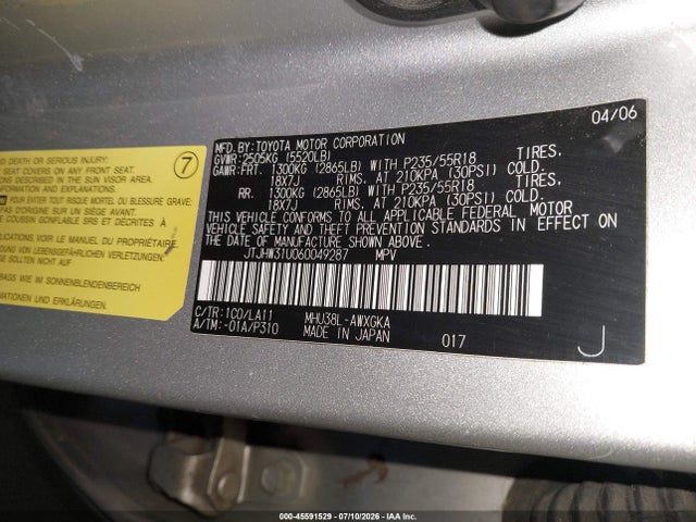 45591529 :رقم المزاد ، JTJHW31U060049287 vin ، 2006 Lexus Rx 400h مزاد بيع