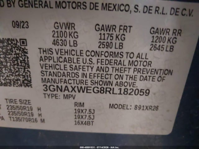 45591531 :رقم المزاد ، 3GNAXWEG8RL182059 vin ، 2024 Chevrolet Equinox Awd Rs مزاد بيع
