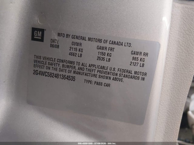 2008 Buick Lacrosse Cx მანქანა იყიდება აუქციონზე, vin: 2G4WC582481364535, აუქციონის ნომერი: 45591589
