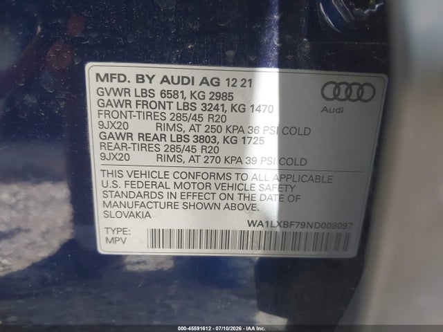 Продажа на аукционе авто 2022 Audi Q7 Premium Plus 55 Tfsi Quattro Tiptronic, vin: WA1LXBF79ND008097, номер лота: 45591612
