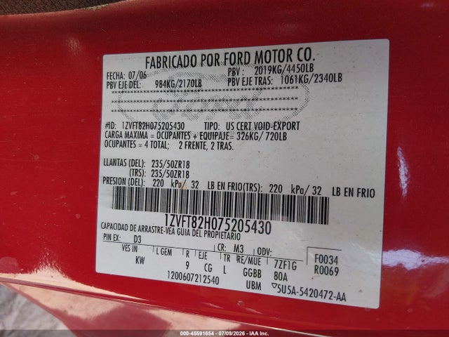 45591654 :رقم المزاد ، 1ZVFT82H075205430 vin ، 2007 Ford Mustang Gt Deluxe/gt Premium مزاد بيع