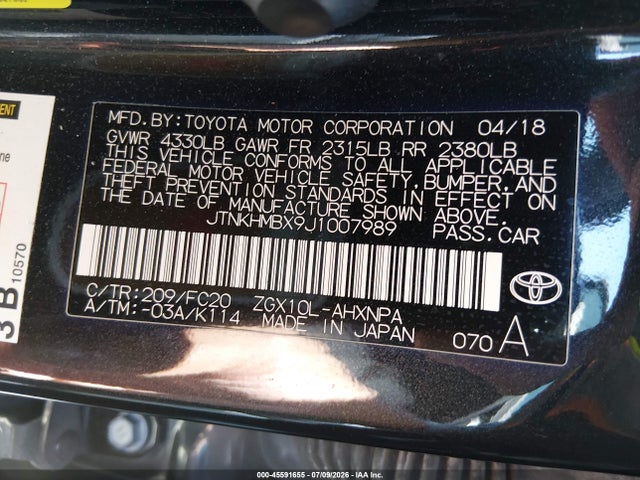 Aukcja sprzedaży 2018 Toyota C-hr Xle, vin: JTNKHMBX9J1007989, numer aukcji: 45591655