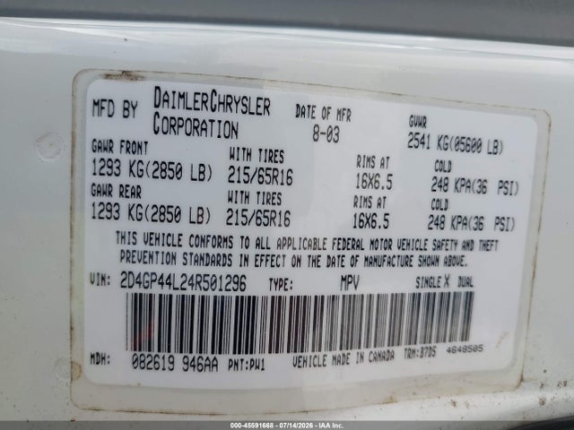 Продажа на аукционе авто 2004 Dodge Grand Caravan Sxt, vin: 2D4GP44L24R501296, номер лота: 45591668