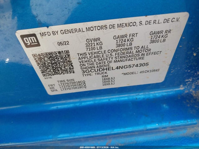 3GCUDHEL4NG574305 Chevrolet Silverado 1500 4wd Short Bed Zr2