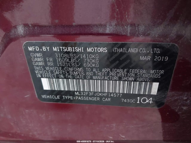 2019 Mitsubishi Mirage G4 Es მანქანა იყიდება აუქციონზე, vin: ML32F3FJ0KHF14577, აუქციონის ნომერი: 45591678