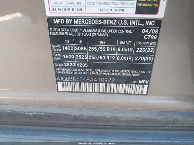 Auction sale of the 2008 Mercedes-benz M-class 3.5l, vin: 4JGBB86E48A410922, lot number: 45591682