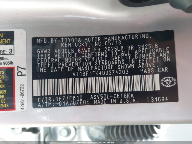 2013 Toyota Camry Xle მანქანა იყიდება აუქციონზე, vin: 4T1BF1FK4DU274303, აუქციონის ნომერი: 45591696