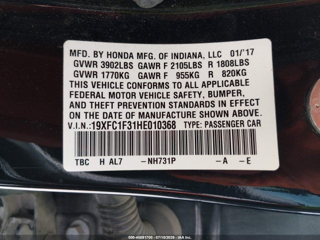 Продаж на аукціоні авто 2017 Honda Civic Ex-t, vin: 19XFC1F31HE010368, номер лоту: 45591700