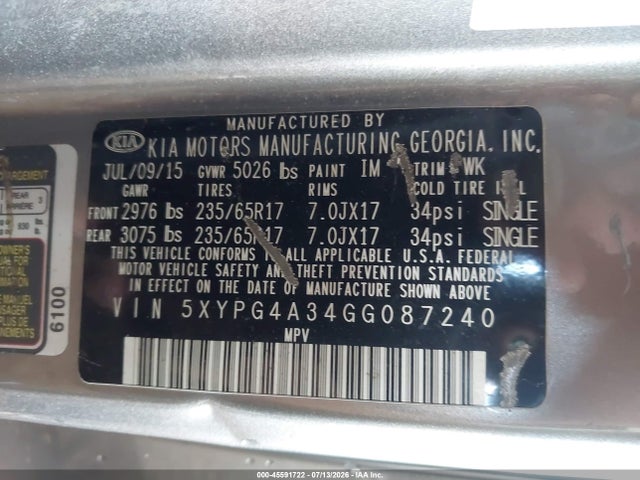 Продаж на аукціоні авто 2016 Kia Sorento 2.4l Lx, vin: 5XYPG4A34GG087240, номер лоту: 45591722