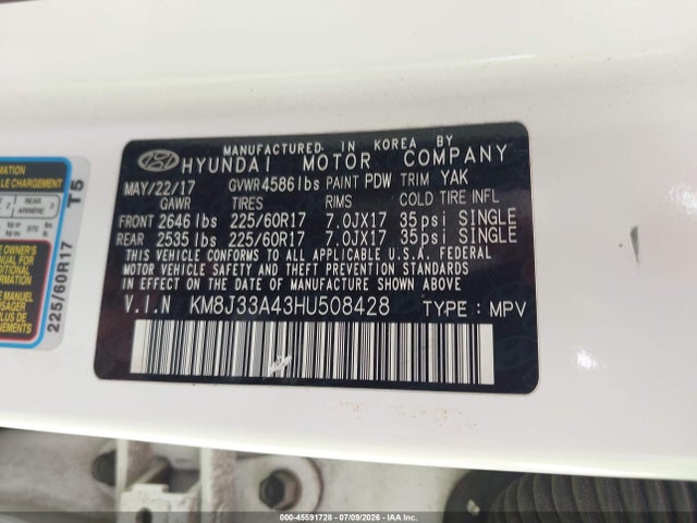 Продаж на аукціоні авто 2017 Hyundai Tucson Se Plus, vin: KM8J33A43HU508428, номер лоту: 45591728